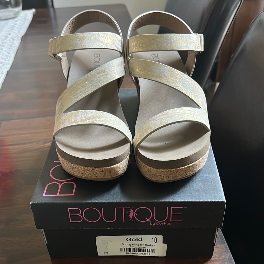 Gold Women's Wedge Spring Fling Sandals by Corkys. New in box. Size 10.